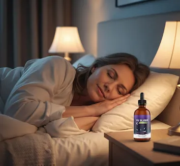 Woman sleeping comfortably in bed with Yu Sleep drops on the bedside table